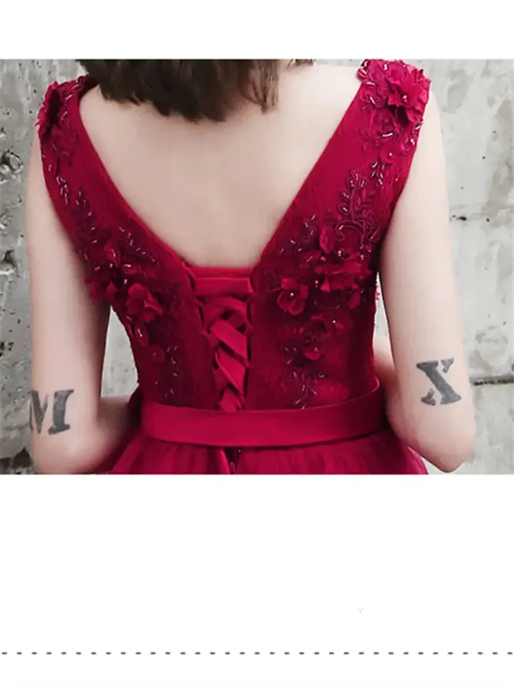 Babs Dresses Burgundy Tulle Beads Floral V-Neck Plus Size A-line Tiered Tea-Length Plus size Woman Party Gowns Robe E832