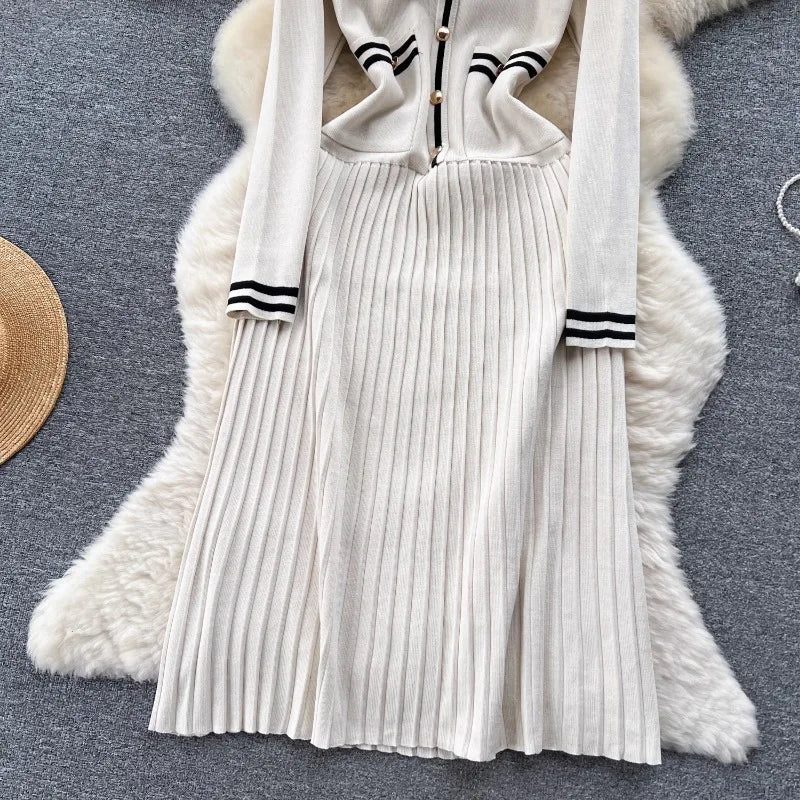 Maxy Simple Temperament Dress 2024 Autumn Winter Classic Striped Color Blocking Waist Cinching Slimming Lapel Knitted