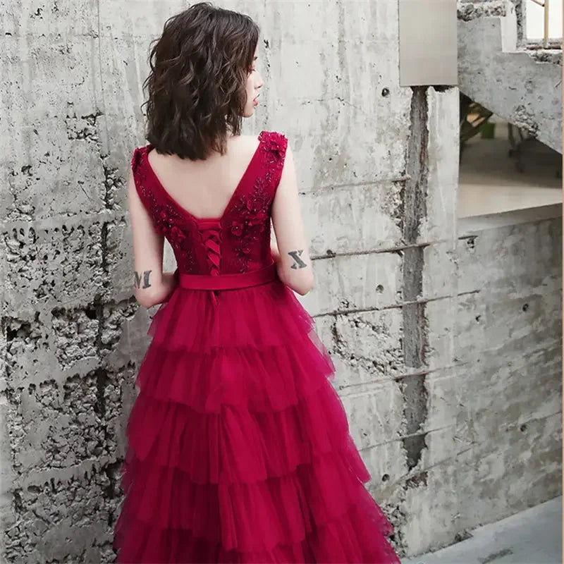 Babs Dresses Burgundy Tulle Beads Floral V-Neck Plus Size A-line Tiered Tea-Length Plus size Woman Party Gowns Robe E832