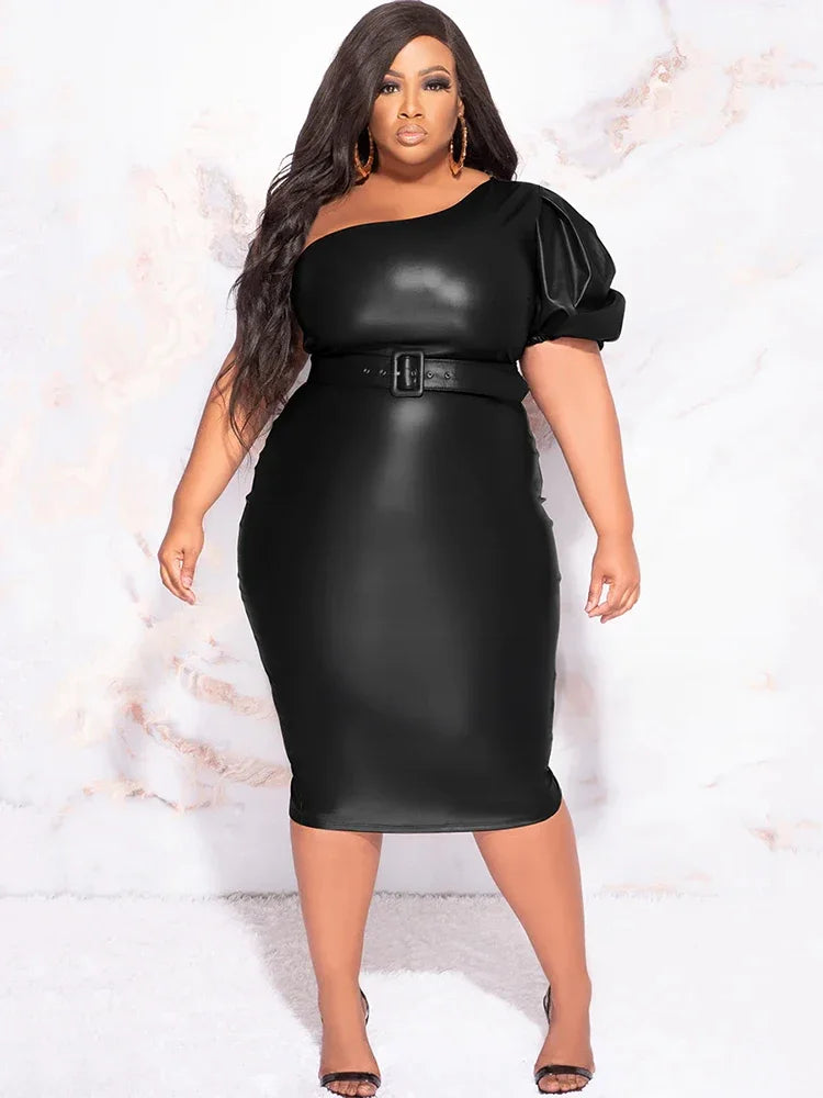 Maxy One Sleeve Matte Leather Dress 9XL Stretch PU Strapless Midi Dress Back Hem Split 6XL Ladies Bodycon Dress Party