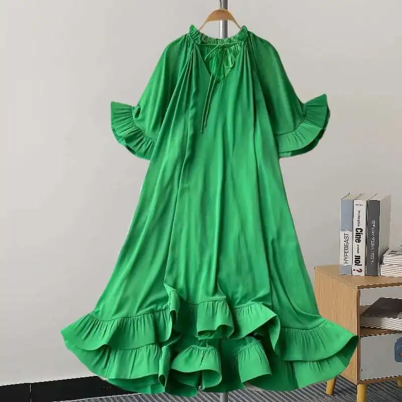 Maxy GVUW A Line Dress Women V Neck Flare Sleeve Loose Solid Color Lace-up A Line Fashion New 2025 Medium Long Dresses 17G7813