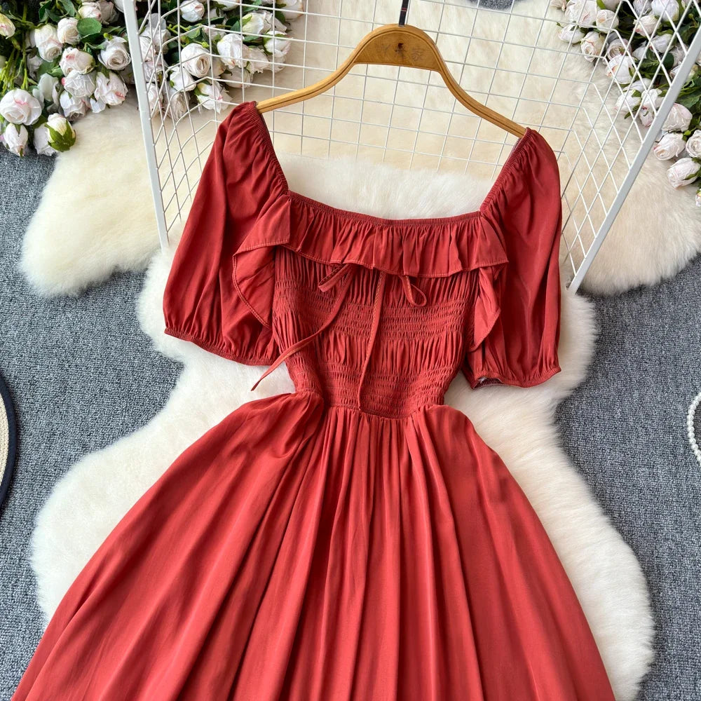 Babs Chic Elegant Square Collar Macy Dress Women Solid Short Puff Sleeve Dresses 2024 Korean Fashion Vintage Ruffle Vestidos
