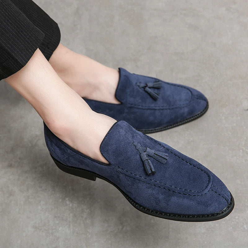 Visco Men's Loafers Brand Suede Leather Shoes Vintage Slip-on Classic Casual Men Driving Shoes Wedding Male Dress Shoes Tassel pointed