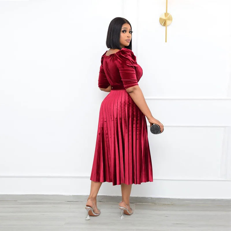 Maxy No Belt Women 3/4 Sleeve Midi Dresses African Solid Color Abaya Ankara Robes Shirring Dress Elegant Clothes Wedding Party Gown