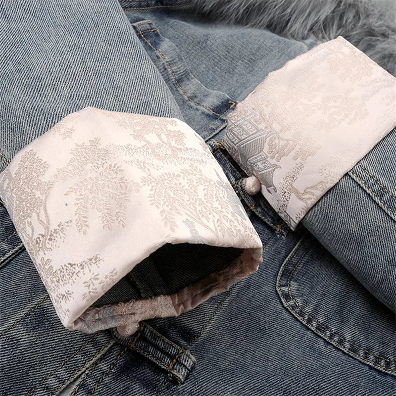 Maxy Natural Fox Fur Collar Rabbit Hair Liner Denim Jacket Women Cowboy Outwear Winter Thick Vintage Slim Short Jeans Jacket Female