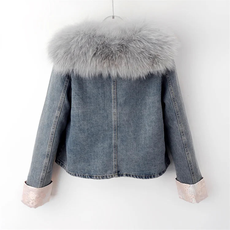 Maxy Natural Fox Fur Collar Rabbit Hair Liner Denim Jacket Women Cowboy Outwear Winter Thick Vintage Slim Short Jeans Jacket Female