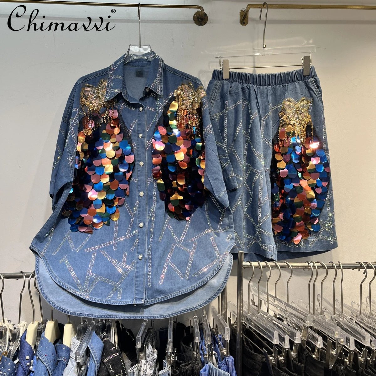 Maxy European Station High Fashion Denim Shirt Top Summer New Heavy Sequined Butterfly Tassel Pants 2-piece Women's Outfits