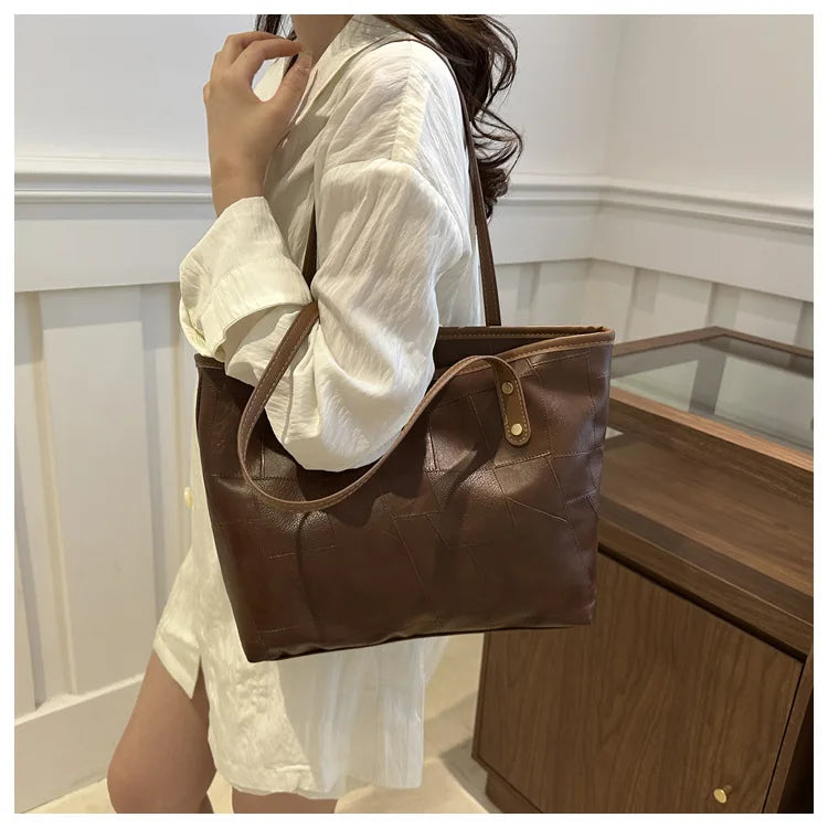 Maxy Vintage Patchwork PU Leather Casual Tote Bags for Women, Large Capacity Shoulder Bag Ladies Handbags And Purses