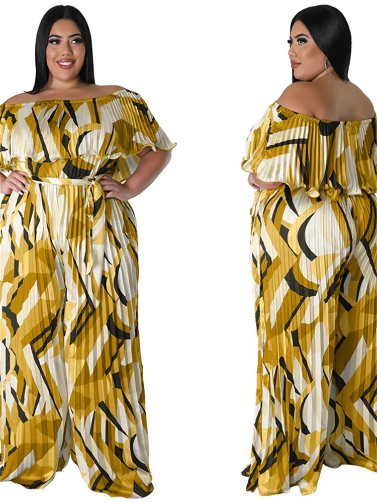 Maxy Plus Size Jumpsuit Women Clothing Pleated Wide Leg Off Shoulder Romper Printed One Piece Outfits