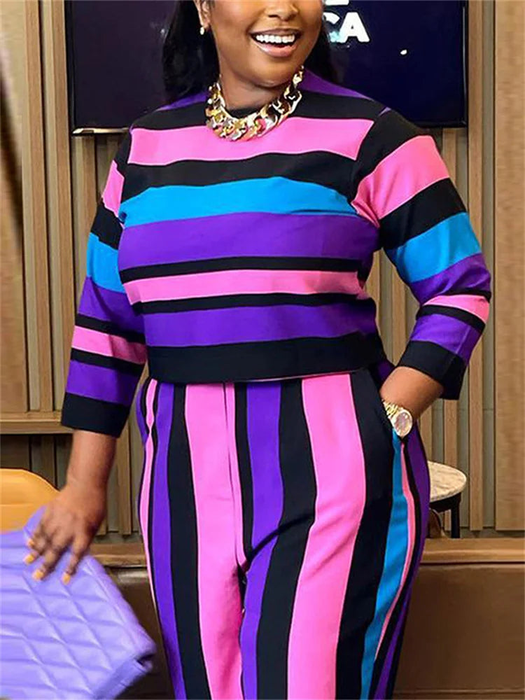 Maxy Plus Size Two Piece Women Clothing Long Sleeve Crop Top and Pants Sets Striped Matching Sets