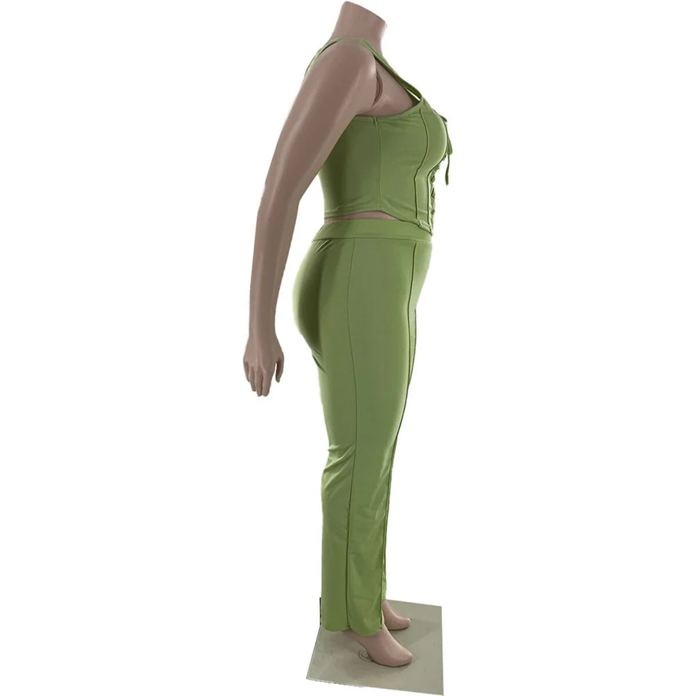 Maxy Plus Size Women Clothing 2 Piece Outfits Summer Bandage Top Flared Pants Fashion Matching Sets