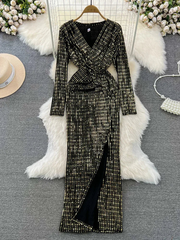 Babs Elegant Chic Y2K Women's Dress Long-sleeve V-neck Split Sequins Patchwork Hip Warp Dresses Autumn Winter