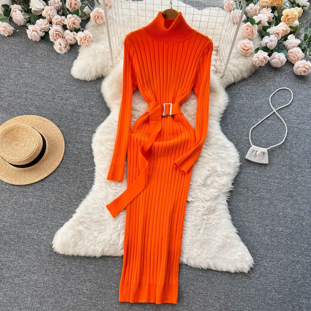 Babs Green Winter Turtleneck Sexy Women Dress Autumn Long Sleeve Skinny Macy  Bodycon Casual Sweater With Belt Party Club