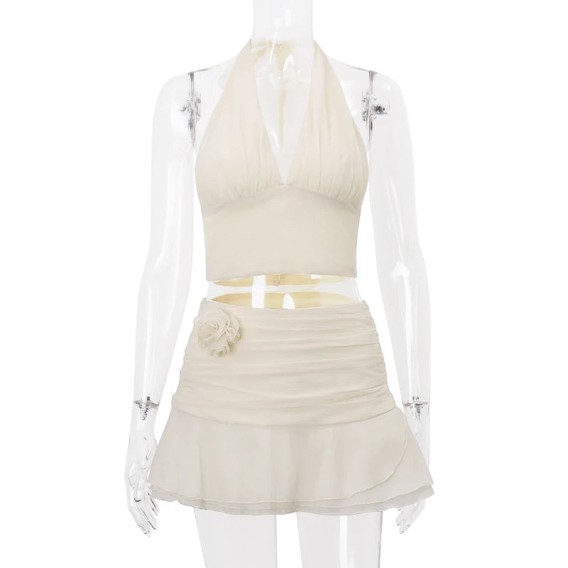 Wheremery Elegant Two-piece Y2K Summer New White Sexy V-neck Backless Women's Top and Pleated Lace Mini Skirt Women's Set