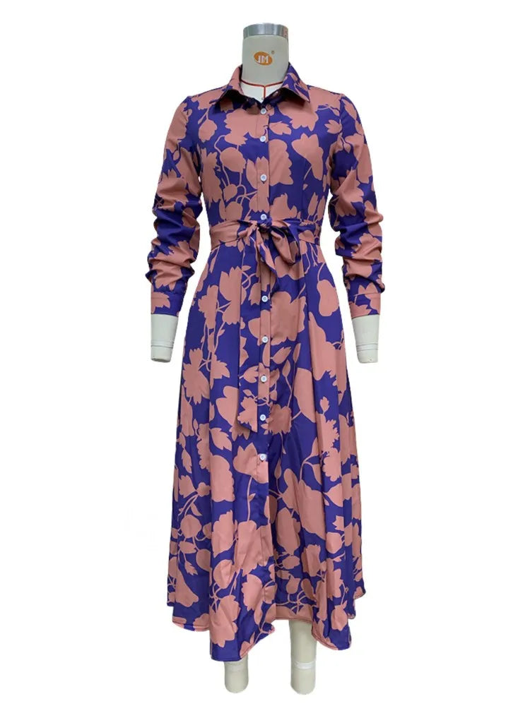 Momsey 2024 Spring New Women's Fashion Style Printed Sexy Waist Strap Mid Length Single Breasted Long Sleeve Collar Dress