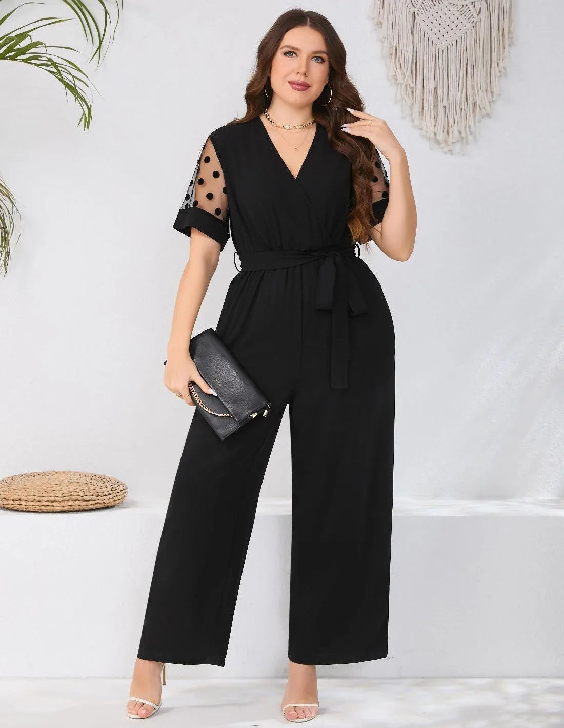 Macy Plus Size Dot Mesh Short Sleeve Belted Jumpsuit Women Summer V-neck Black Elegant Office Ladies High Waist Jumpsuits