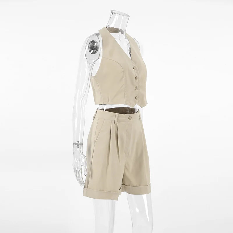 Maxy Spring Summer Women Office Shorts Suit Set Solid Khaki Sleeveless Halter Outfit 2 Piece Matching Sets For Women