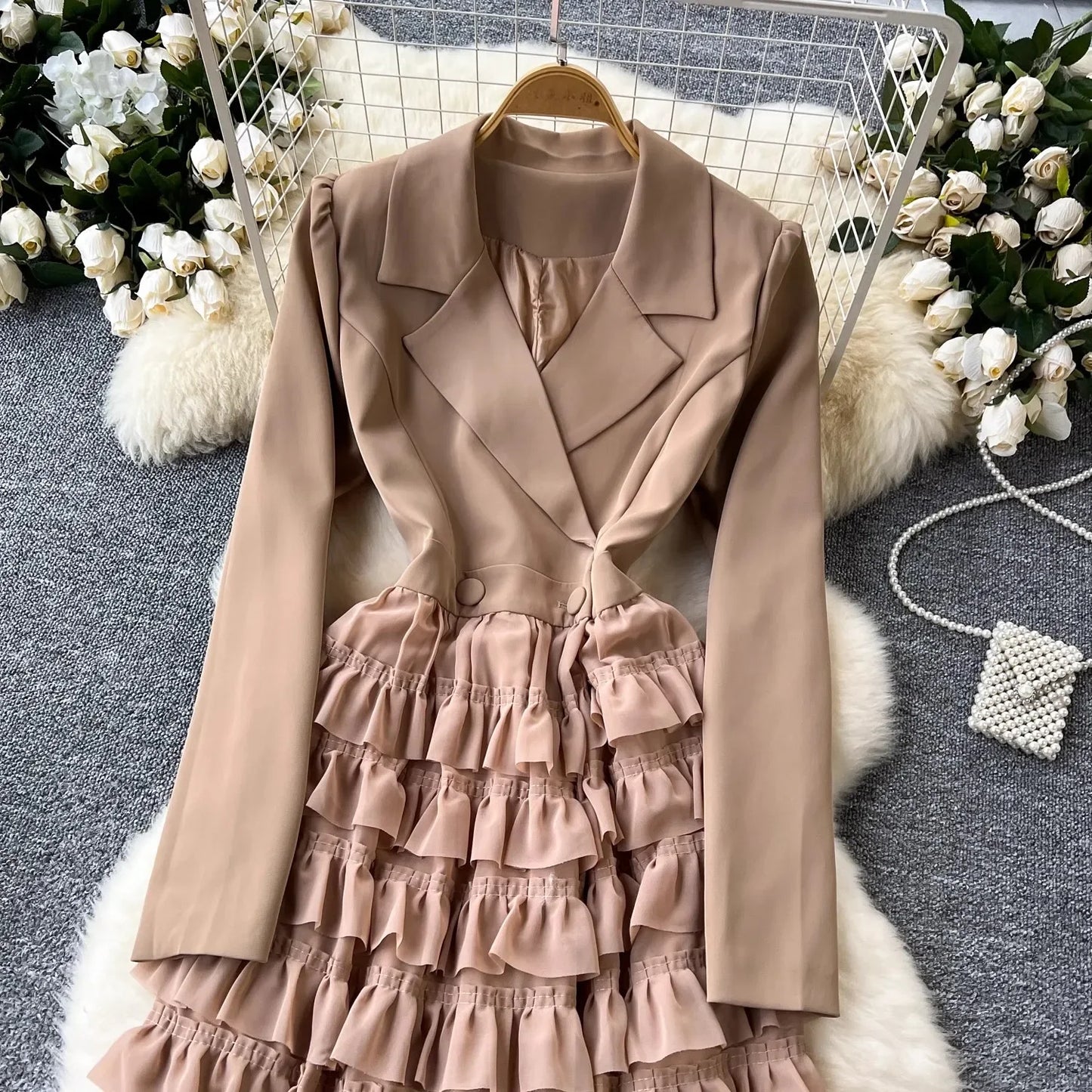 Zay Women Vintage Evening Party Dress Spring Autumn Lapel Long Sleeve Patchwork Mesh Layered Dresses Ladies Elegant Long Robe