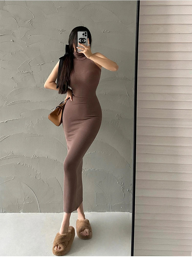 Maxy Red Fashion Sexy Turtleneck Midi Dress Women Party Club Ladies Bodycon Elastic Peach Hip Elegant Long Dresses for Woman