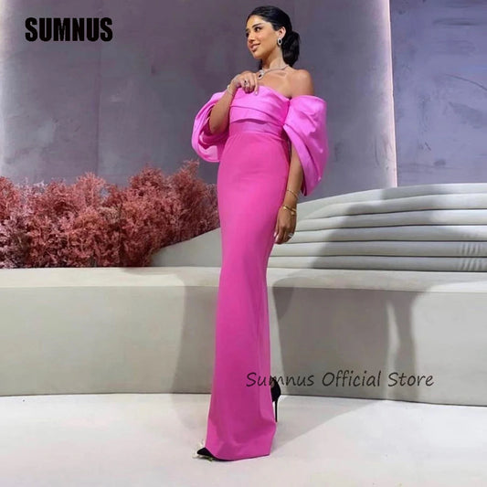 SUMNUS Simple Off Shoulder Mermaid Evening Dresses Hot Pink Arabic Women Floor Length Prom Gowns Formal Party Dress فساتين سهرة