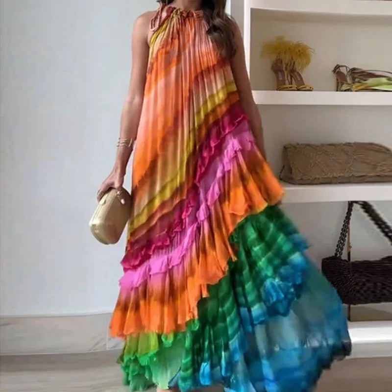 Maxy Simple Casual Women Summer O Neck Dress Elegant Femme Sleeveless Holiday Print Ruffles Patchwork Maxi Dress Streetwear