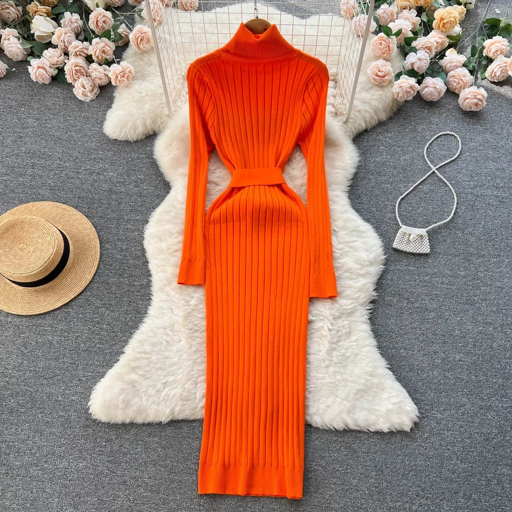 Babs Green Winter Turtleneck Sexy Women Dress Autumn Long Sleeve Skinny Macy  Bodycon Casual Sweater With Belt Party Club