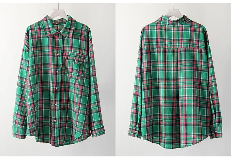 Maxy Green Vintage Plaid Shirt Women Oversize Top Long Sleeves Autumn Winter Loose Women's Shirt And Blouses Oversized