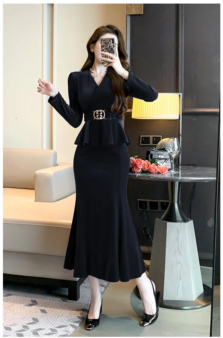 Babs Winter Red Velvet Chic Ruffled Bandage Long Dress Women Elegant Luxury Festival Dress Gown Korean Elegant Prom Dress