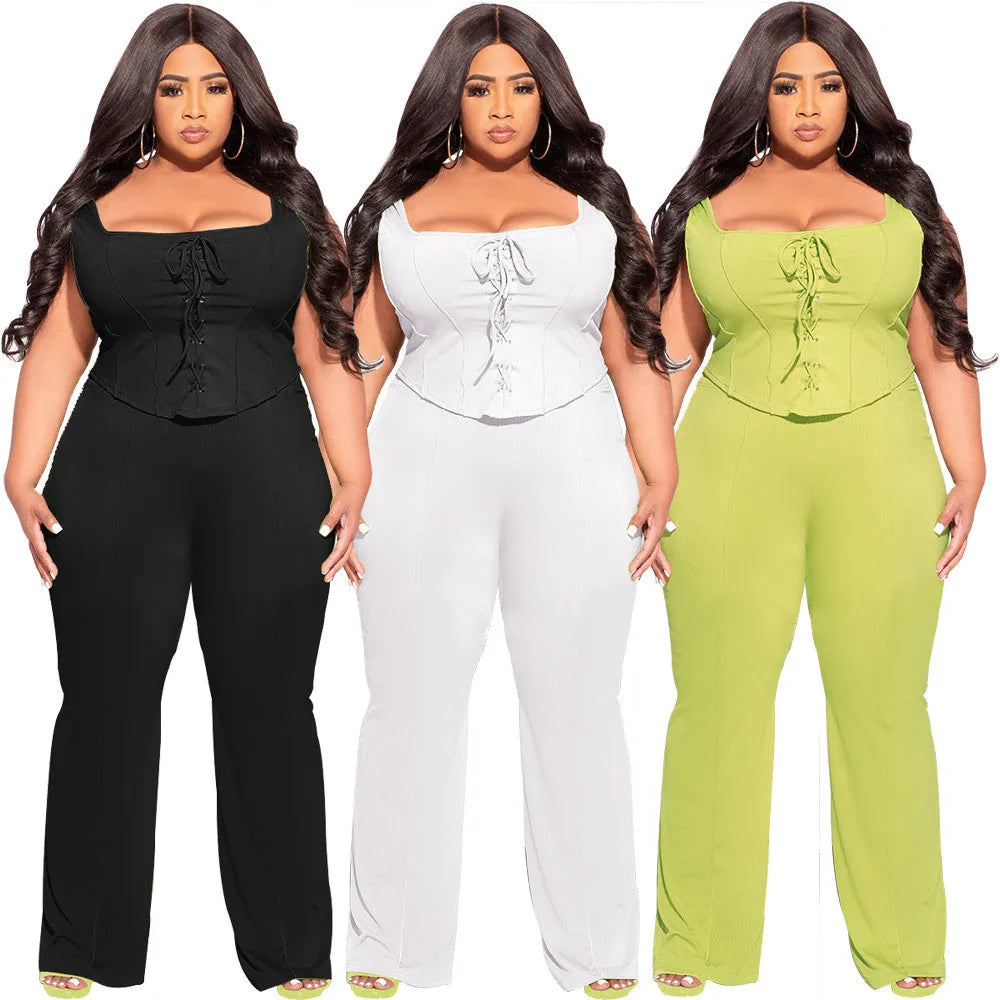 Maxy Plus Size Women Clothing 2 Piece Outfits Summer Bandage Top Flared Pants Fashion Matching Sets