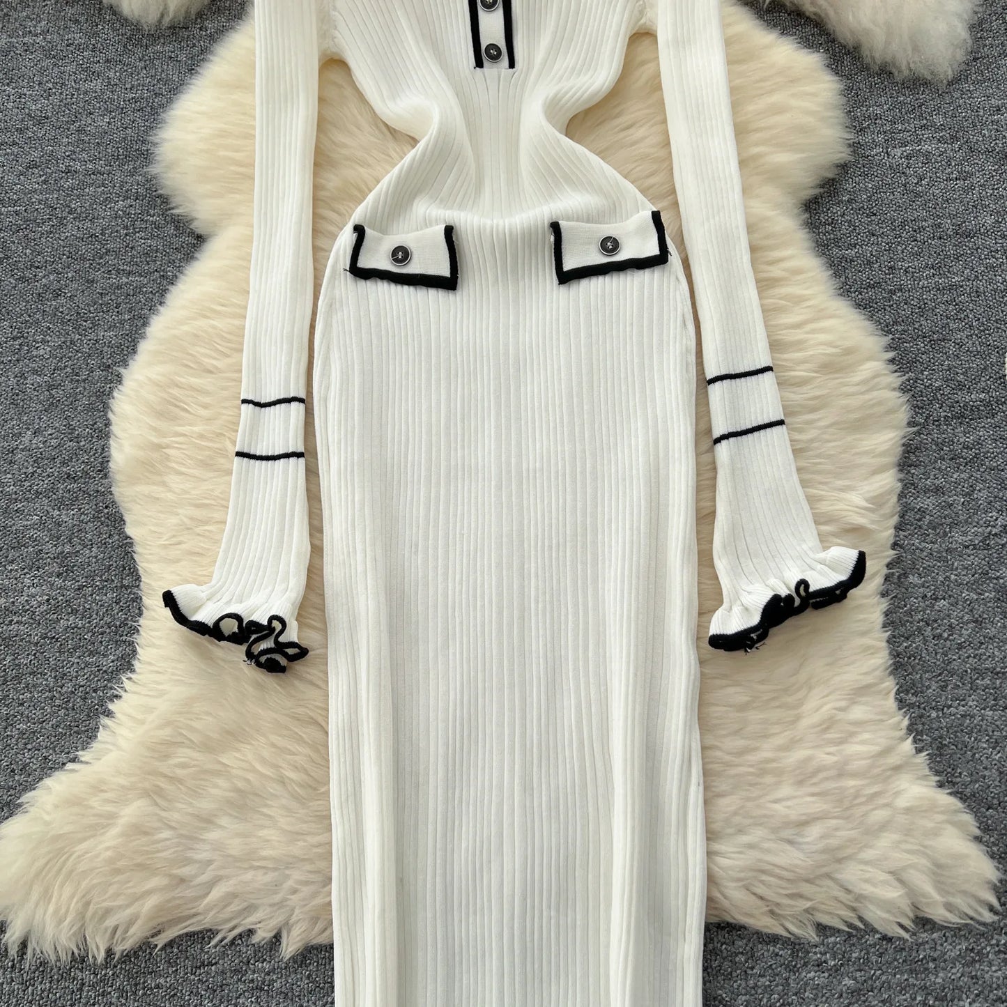 Macy French Vintage Knitted Dress Women Lapel Long Sleeved Slim Bodycon Dresses Ladies Slim Elegant Spring Autumn Long Robe Vestidos