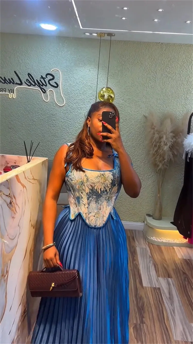 Maxy CM.YAYA Women's Set Floral Print Waist-cinching Vest +Pleated Long Skirts Suit 2025 Party Evening Street Two 2 Piece Set Outfit