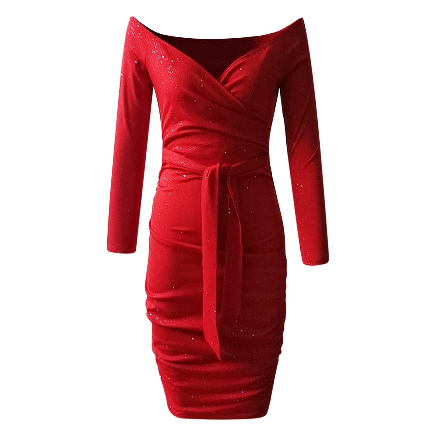 Babs Formal Dress for Women Sexy Off Shoulder Long Sleeve Slim Bodycon Hip Wrap Midi Red Dress Vintage Party Dress