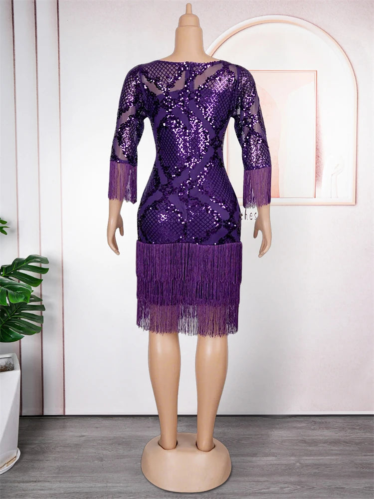 Babs Elegant Sequin Dresses for Women African Clothing Wedding Party Evening Gown Dashiki Tassel Bodycon Robe Dubai Turkey Dress
