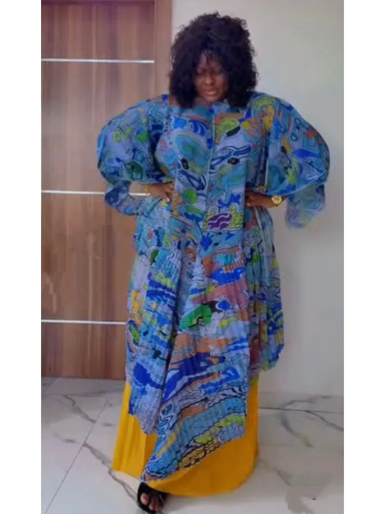 Maxy African Miyake pleated printed suit top + wide-leg straight pants two-piece fashion women's clothing summer new