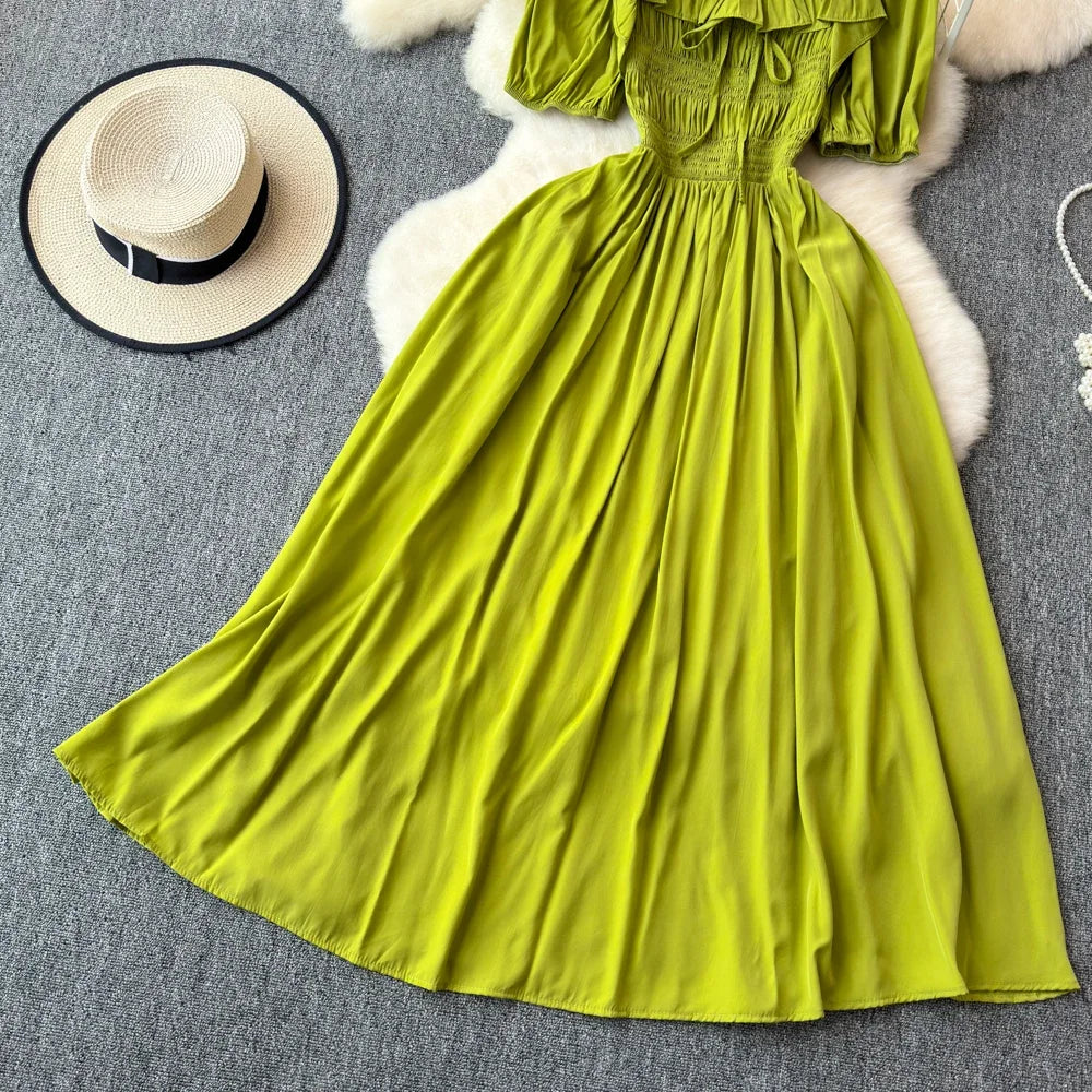 Babs Chic Elegant Square Collar Macy Dress Women Solid Short Puff Sleeve Dresses 2024 Korean Fashion Vintage Ruffle Vestidos