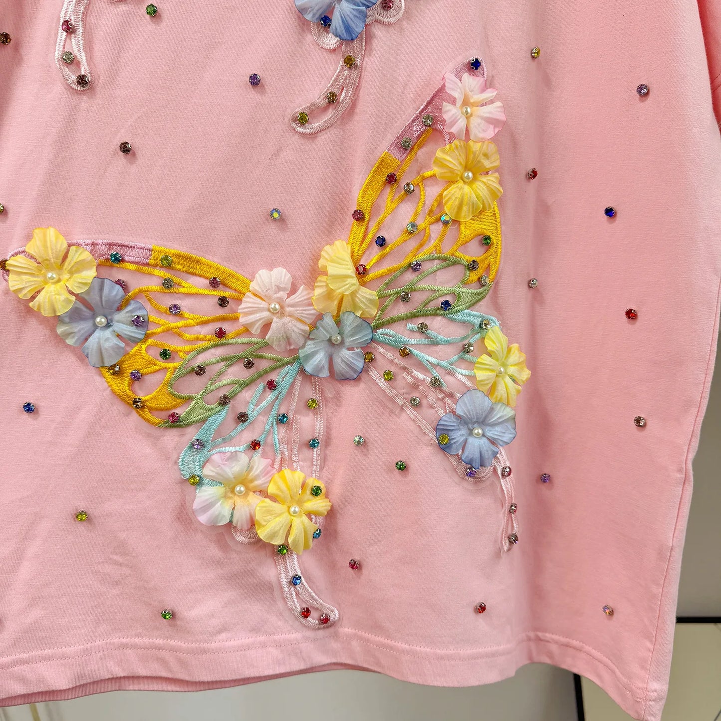 Maxy Fashion Butterfly Floral Beading Women's Set T-shirt and Shorts 2025 Summer Active Two 2 Piece Sets Outfit Tracksuit