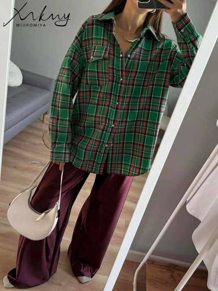 Maxy Green Vintage Plaid Shirt Women Oversize Top Long Sleeves Autumn Winter Loose Women's Shirt And Blouses Oversized