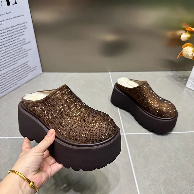 Maxy Short Plush Women Mules Slippers Casual Cover Toe Ladies Comfort Outdoor Platform Flats House Cotton Shoes