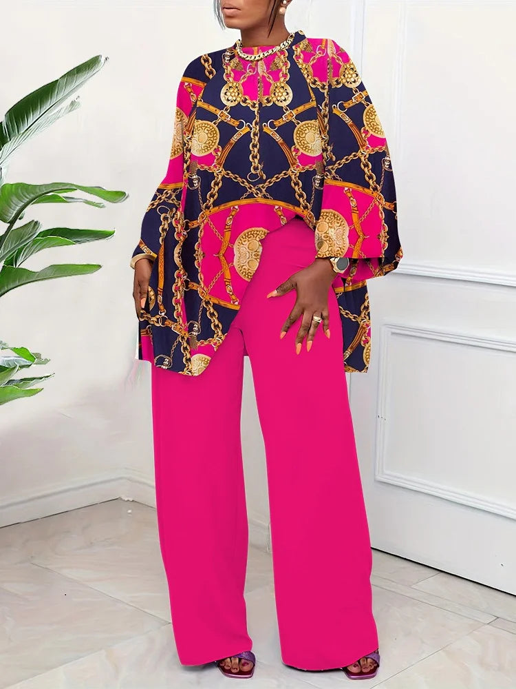 Maxy Plus Size Two Piece Sets Women Clothing Printed Long Sleeve Tops Solid Pants Wid Leg Matching Suits.