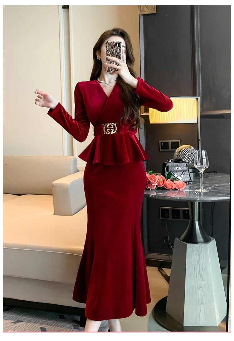 Babs Winter Red Velvet Chic Ruffled Bandage Long Dress Women Elegant Luxury Festival Dress Gown Korean Elegant Prom Dress