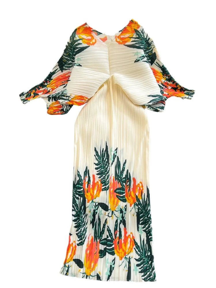 Amay Women High Waist Printing A-line Pleated Dresses V-Neck Long Sleeved Lightweight Spring Summer SM10792