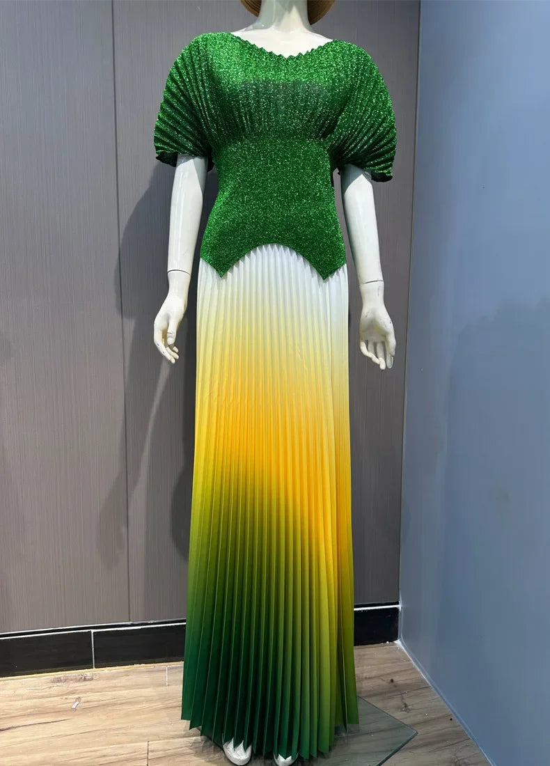 Maxy Pleated 2 Pieces Set Women Fashion V Neck Short Batwing Sleeves Irregular Hem T-shirt&New Gradient A-line Folds Long Skirt