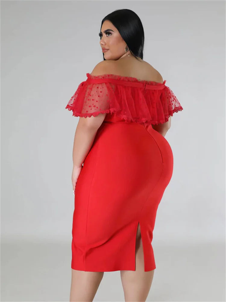 Maxy Plus Size Party Dress Women Clothing Solid Mesh Patchwork Off Shoulder Dress Fashion Outfits