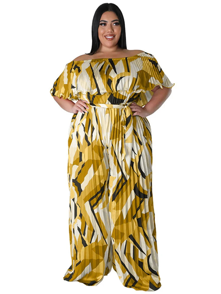 Maxy Plus Size Jumpsuit Women Clothing Pleated Wide Leg Off Shoulder Romper Printed One Piece Outfits
