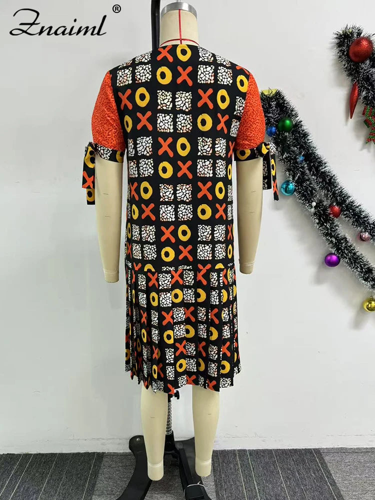 Maxy Elegant Indie Folk African Orange Mid Dresses Women A-line O-Neck Short Sleeve Loose Print Dashiki Ankara Birthday Festival Robe