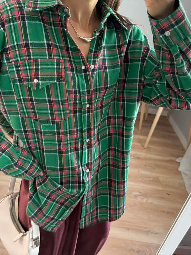 Maxy Green Vintage Plaid Shirt Women Oversize Top Long Sleeves Autumn Winter Loose Women's Shirt And Blouses Oversized