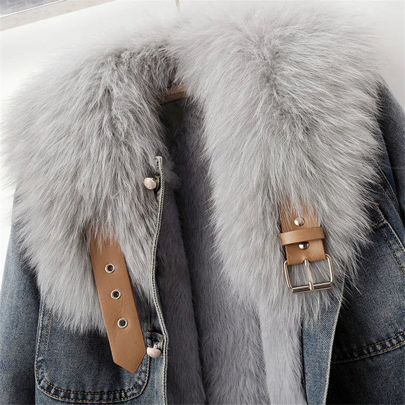 Maxy Natural Fox Fur Collar Rabbit Hair Liner Denim Jacket Women Cowboy Outwear Winter Thick Vintage Slim Short Jeans Jacket Female