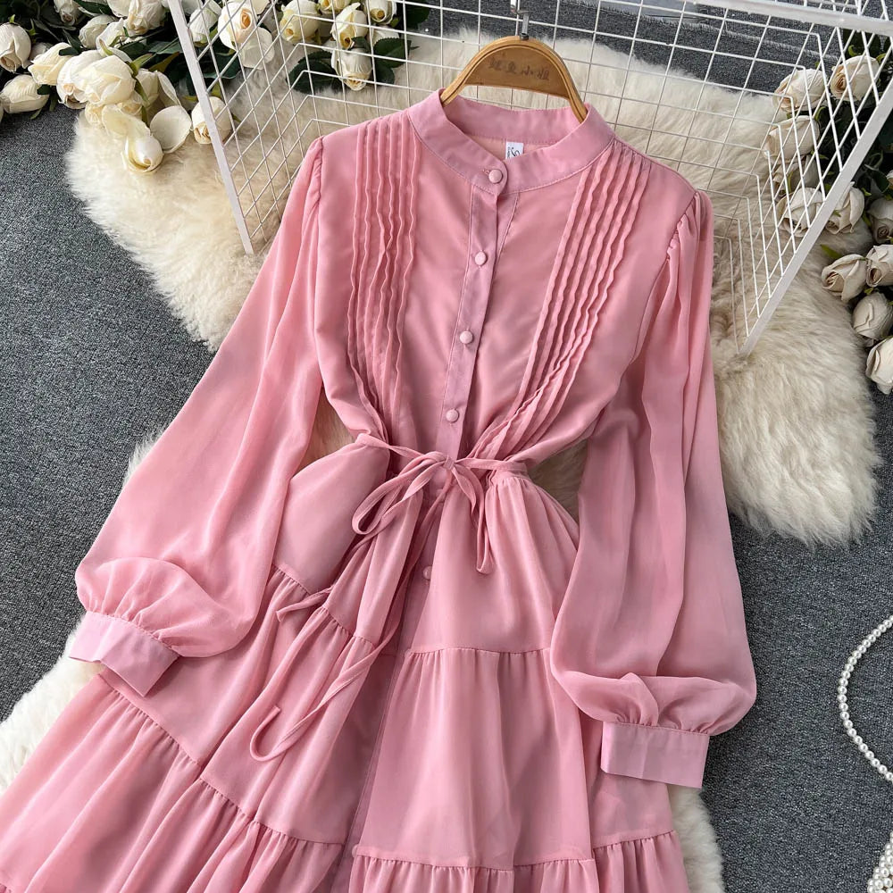 Maxy Spring Autumn Women Purple/Yellow/Blue Draped Chiffon Midi Dress Elegant Stand Collar Single Breasted Lantern Sleeve dress