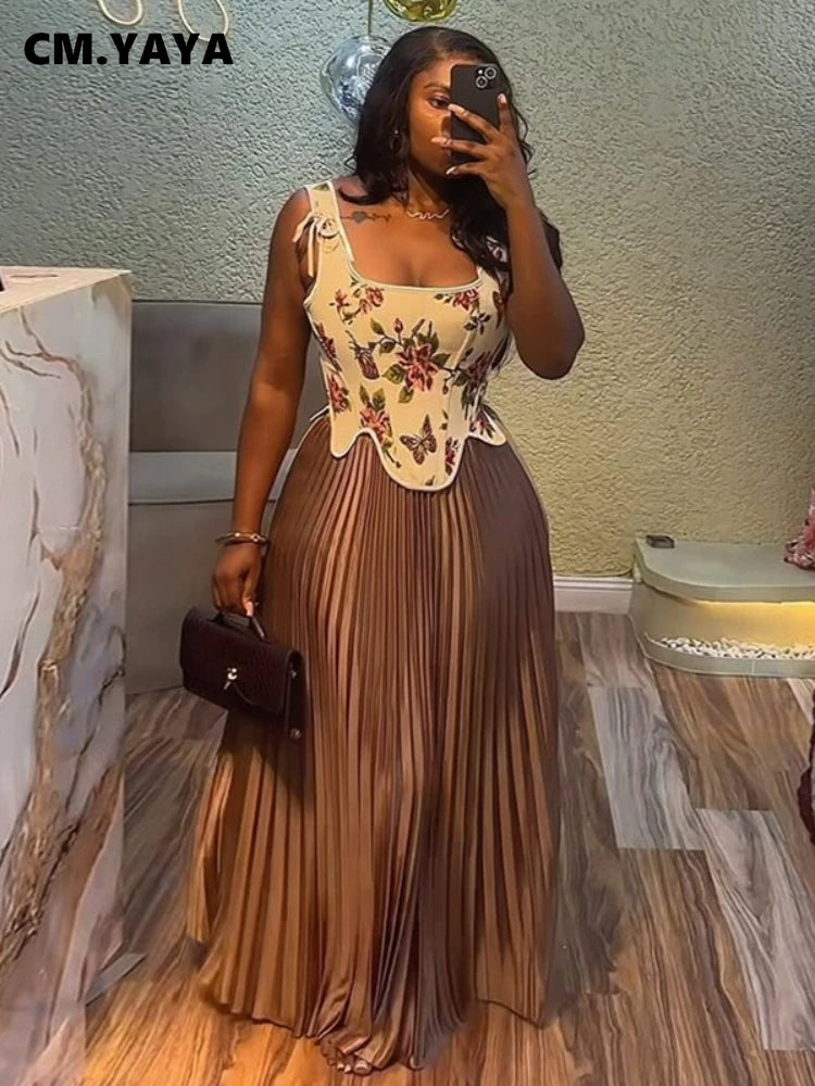 Maxy CM.YAYA Women's Set Floral Print Waist-cinching Vest +Pleated Long Skirts Suit 2025 Party Evening Street Two 2 Piece Set Outfit