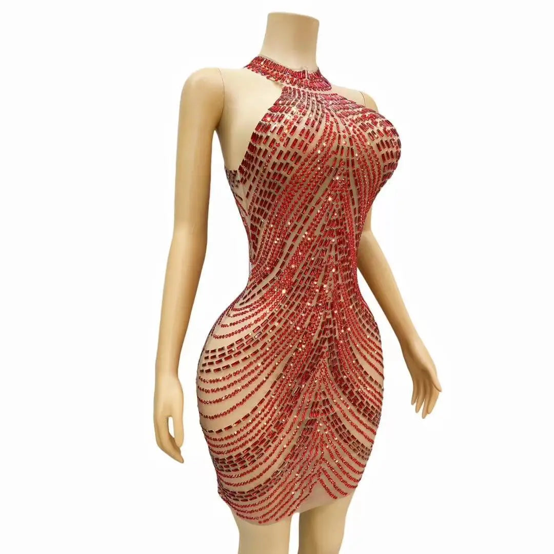 Babs Glitter Short Party Dress Sexy Clothing Women Red Rhinestone Elegant Dress Nightclub Platy drsss